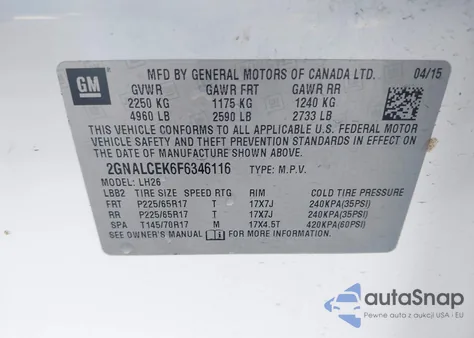 2015 Chevrolet Equinox 2Lt z USA, uszkodzony, nr VIN 2GNALCEK6F6346116